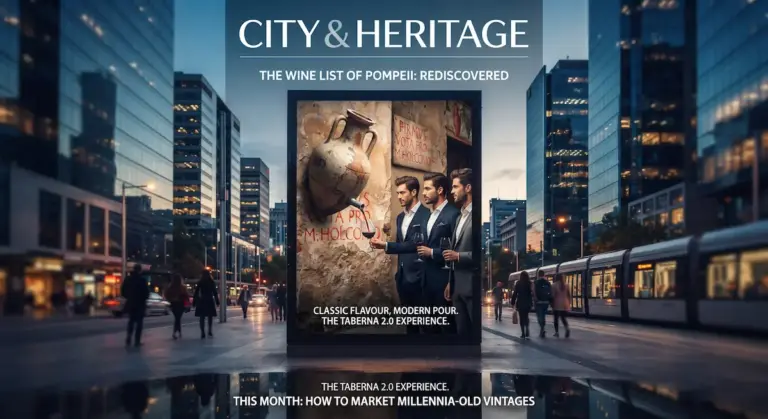 ortada de revista digital "CITY & HERITAGE" mostrando un gran mupi urbano con un anuncio creativo: una ánfora romana sirviendo vino a tres jóvenes modernos.