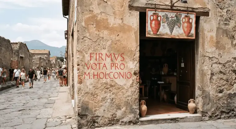Recreación histórica de una calle de Pompeya con una fachada antigua que muestra un anuncio electoral pintado en rojo ("Firmv s vota pro M. Holconio") y una enseña con ánforas y uvas.