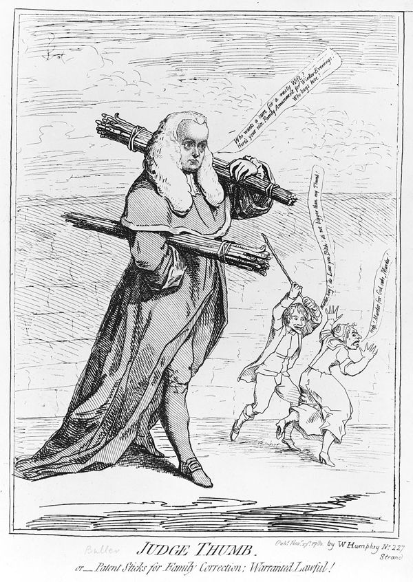 Caricatura de James Gillray satirizando a Sir Francis Buller, 1782: "Judge Thumb; o, la patente de pegar a la mujer para la corrección familiar: garantizada legalmente".