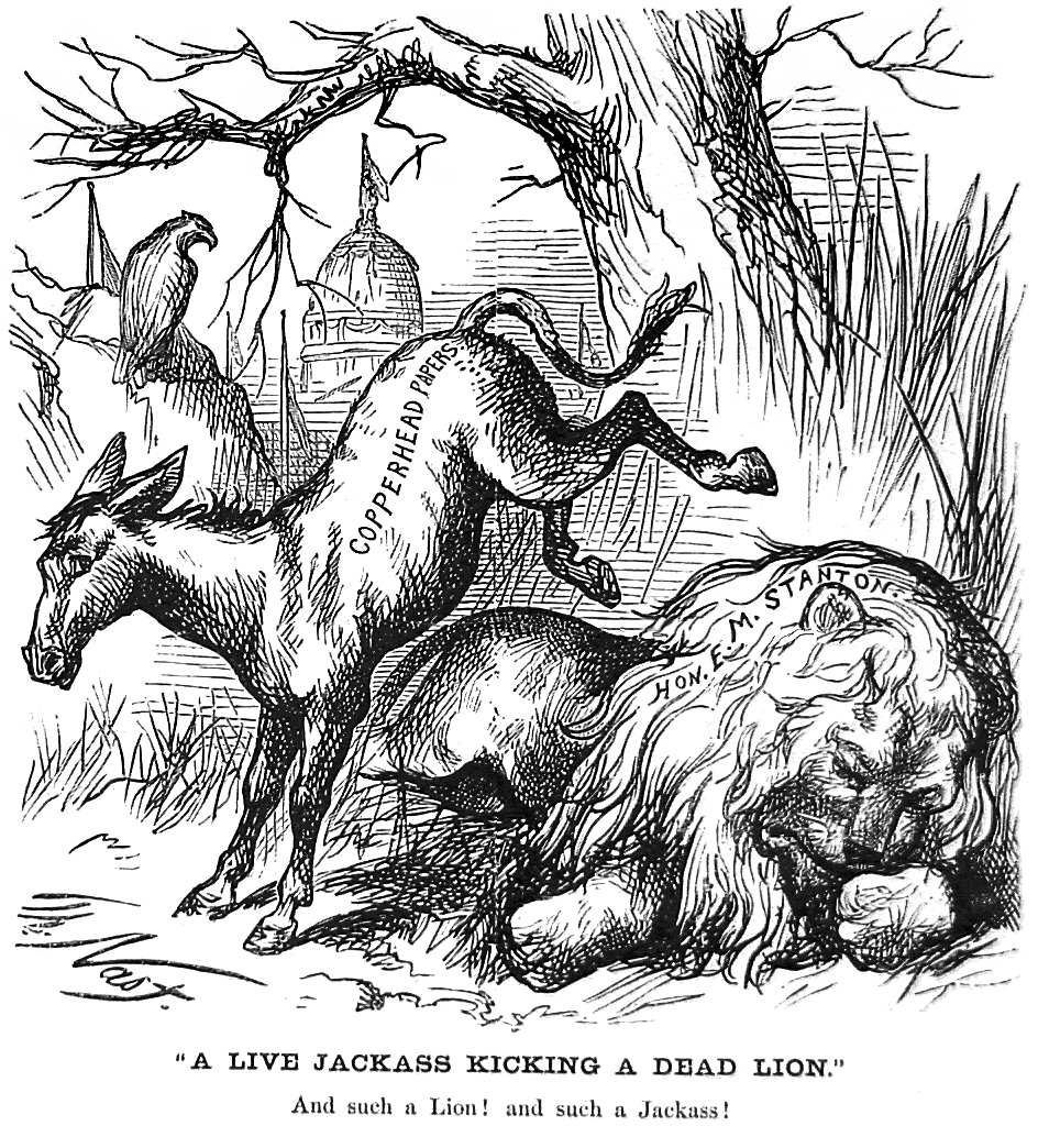"A Live Jackass Kicking a Dead Lion" por Thomas Nast, Harper's Weekly, 19 de enero de 1870