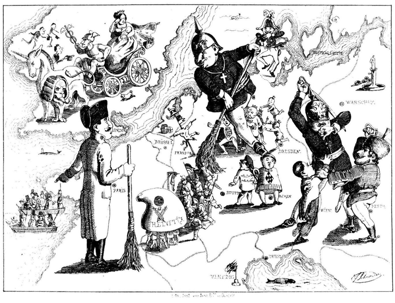 Una caricatura de la derrota de las revoluciones de 1848 en Europa por Ferdinand Schröder (publicada en Düsseldorfer Monatshefte, agosto de 1849)