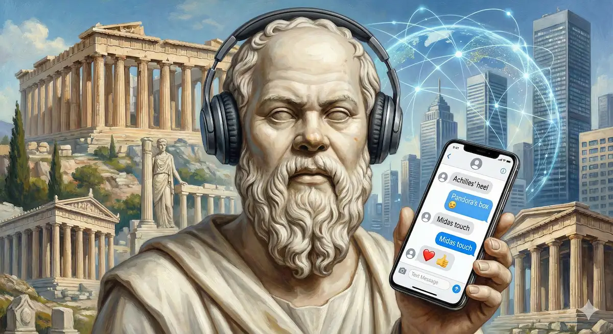 Estatua de filósofo griego clásico con auriculares usando un smartphone moderno, representando el uso de los mitos griegos en el vocabulario diario.