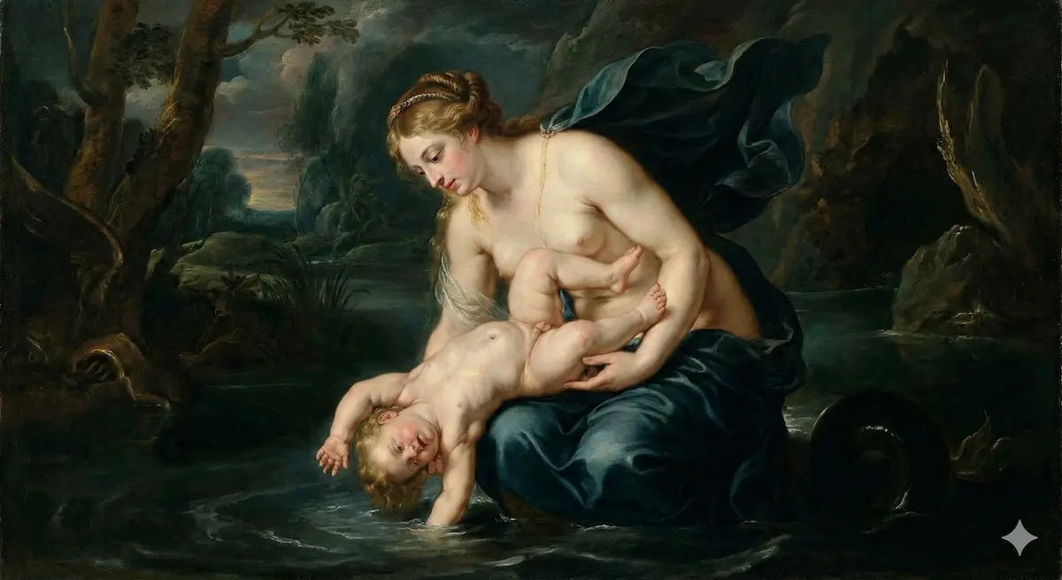 imagen recrea el momento en que la nereida Tetis sumerge a su hijo Aquiles en las aguas del río Estigia para hacerlo inmortal, sujetándolo por el talón, que se convertirá en su único punto vulnerable. El estilo está inspirado en el pintor barroco Peter Paul Rubens.