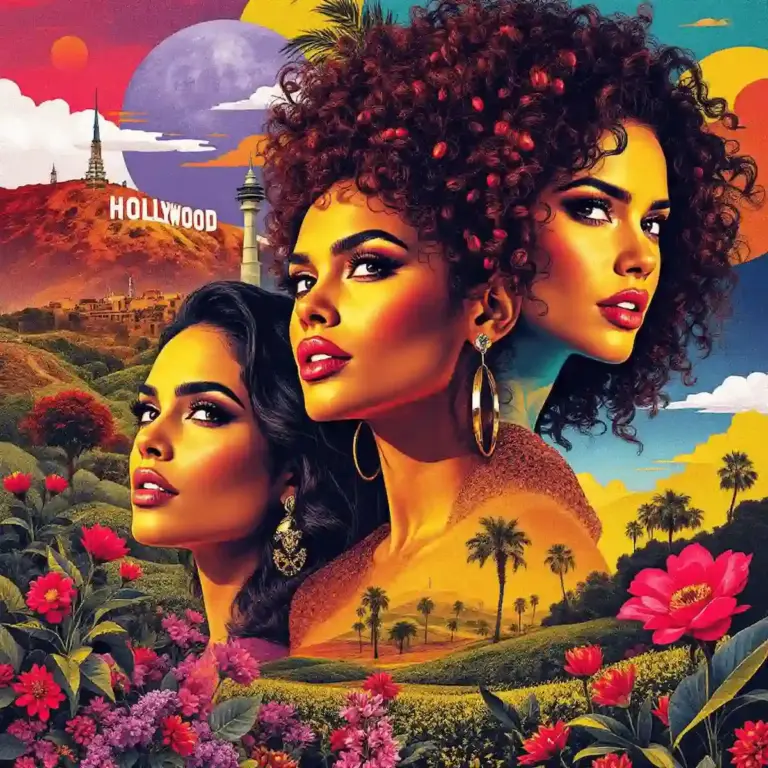 Ilustración estilo collage pop art que muestra a varias actrices colombianas famosas, incluyendo referencias visuales a Sofía Vergara y Carolina Gaitán, con un fondo que mezcla Hollywood y paisajes de Colombia.