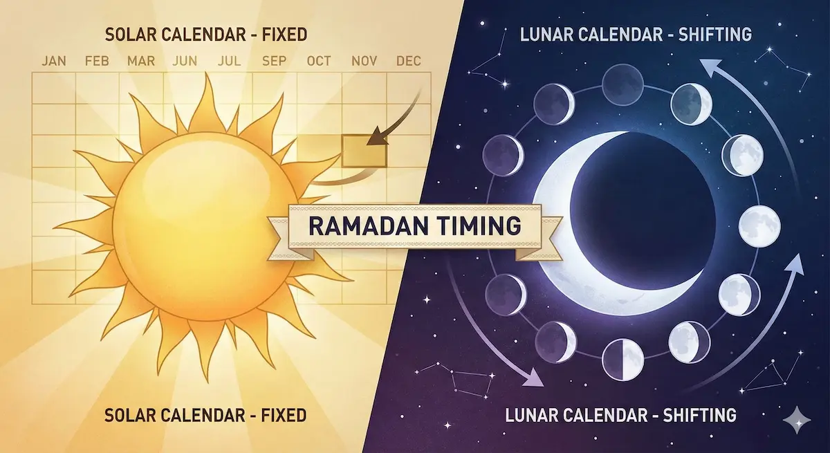 Ilustración astronómica que compara el ciclo de las fases lunares del Ramadán con la duración del año solar gregoriano.