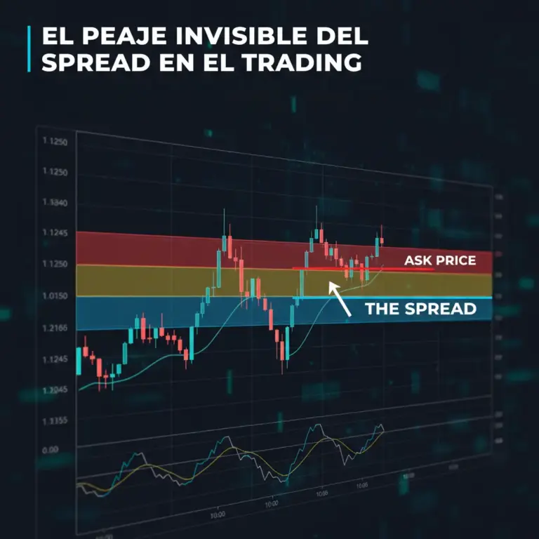 Gráfico técnico que muestra la separación de la horquilla entre el precio Bid y Ask en una plataforma de trading. Title Text: El peaje invisible del Spread en el Trading