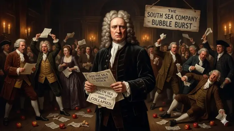 Isaac Newton desesperado sosteniendo acciones sin valor durante el colapso financiero de la Burbuja de los Mares del Sur en la Bolsa de Londres en 1720.