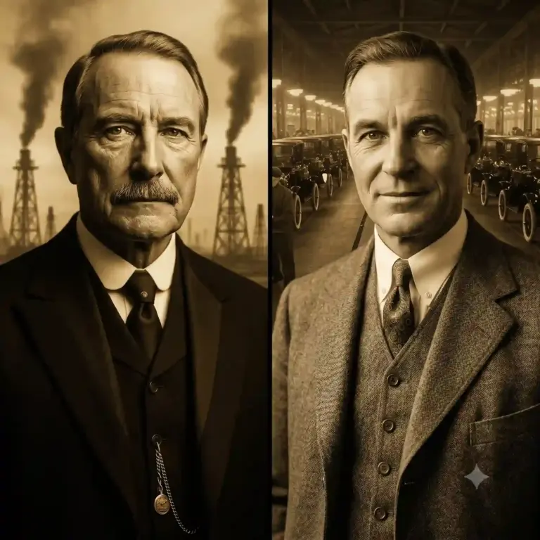 Imágenes recreadas de Rockefeller y Ford con sus imperios en segundo plano