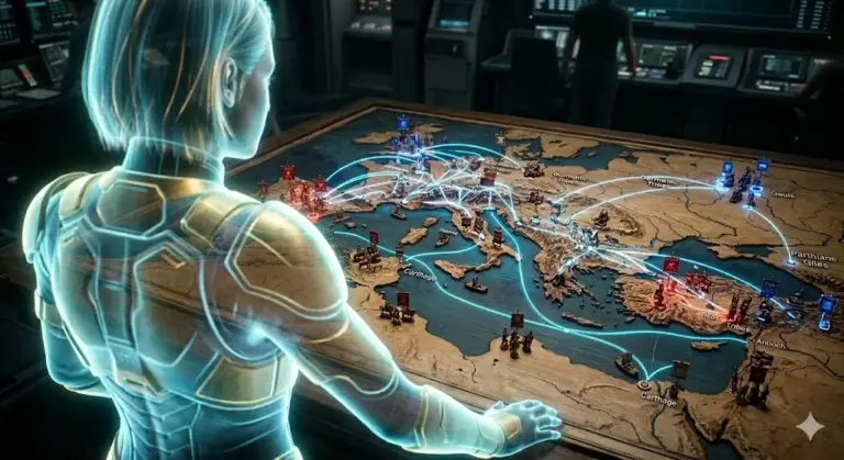 Holograma de Inteligencia Artificial analizando un mapa táctico en un juego de estrategia histórica militar.