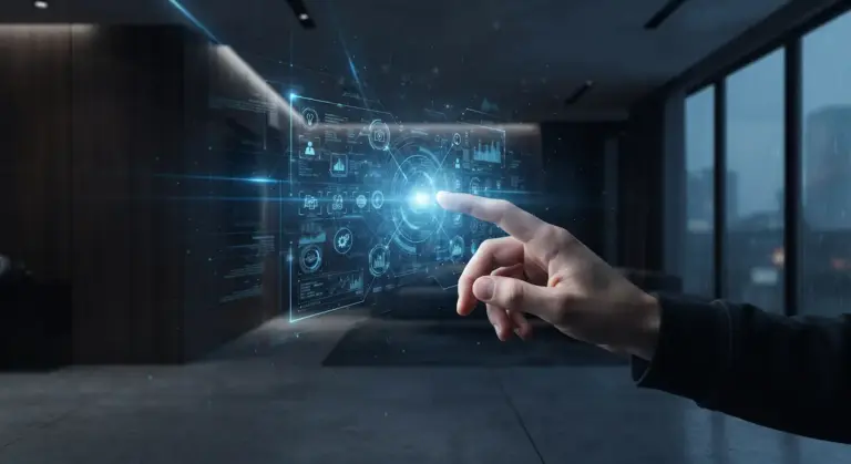 Representación conceptual de una interfaz invisible y fluida, simbolizando cómo la tecnología actual anticipa las decisiones humanas en entornos digitales.