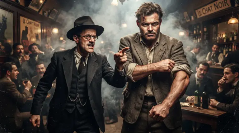 James Joyce provocando una pelea en un bar de París mientras un corpulento Ernest Hemingway se prepara para defenderle.