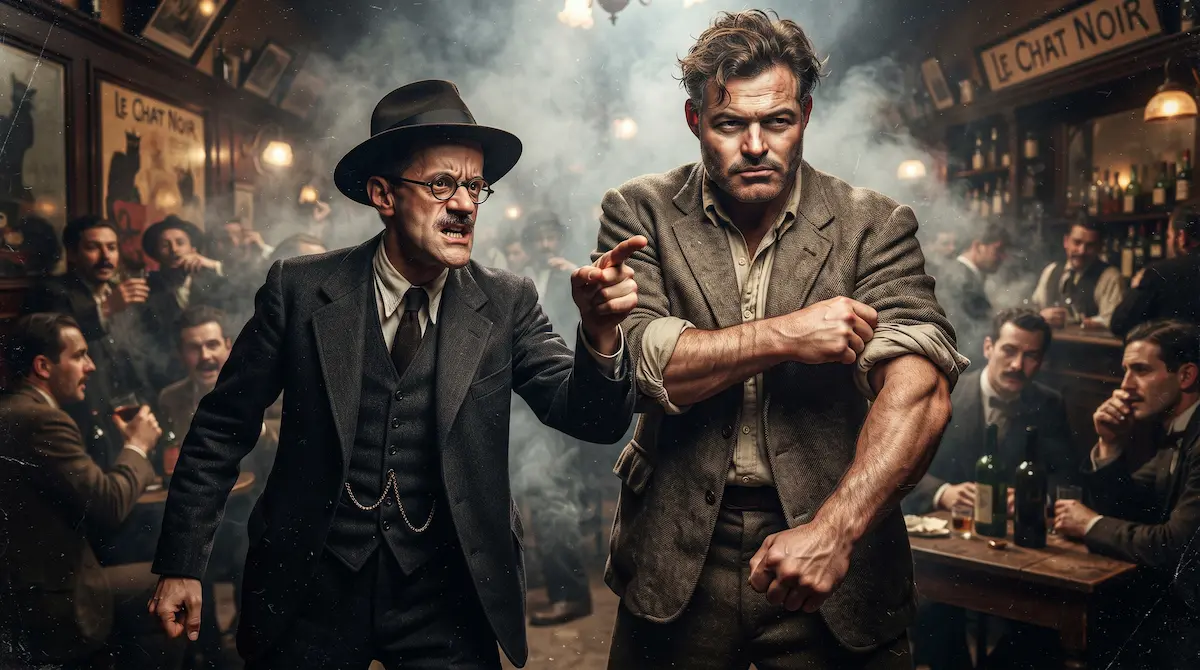James Joyce provocando una pelea en un bar de París mientras un corpulento Ernest Hemingway se prepara para defenderle.