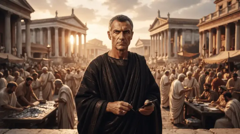 Patricio romano analizando operaciones financieras y mercados de deuda en la Antigua Roma.