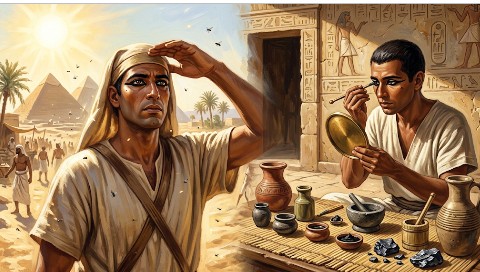 Aplicación de kohl negro en los ojos en el Antiguo Egipto con fines medicinales y de protección solar.