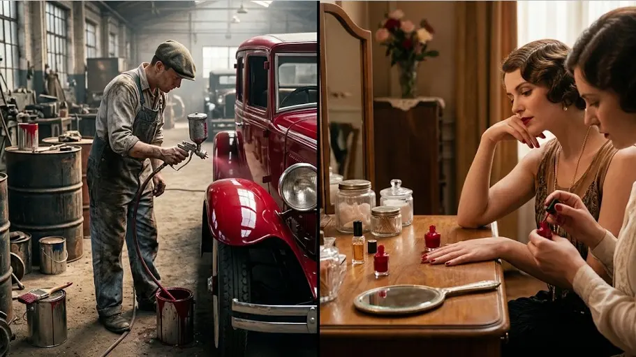 Imagen comparativa entre un taller mecánico de los años 20 pintando coches y dos mujeres aplicando esmalte de uñas de nitrocelulosa.