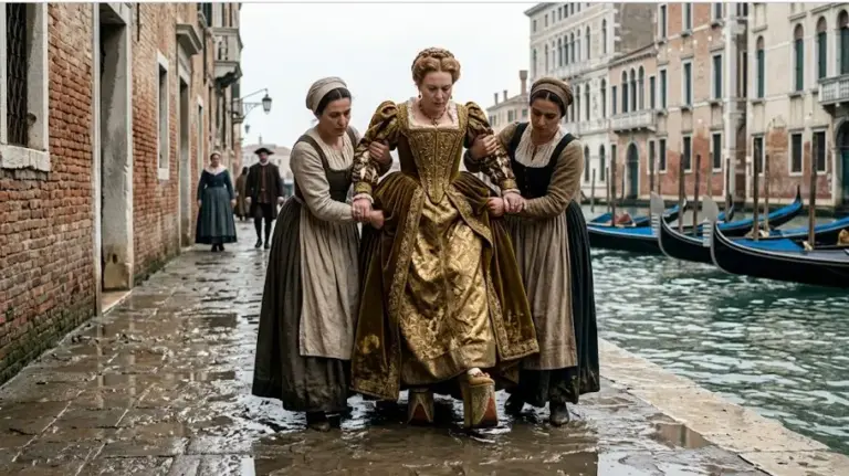 Noble veneciana del siglo XVI caminando sobre chopines de plataforma alta con la ayuda de dos sirvientas en una calle con canales de Venecia.